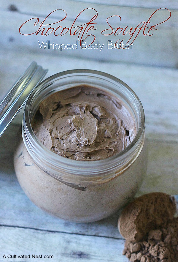 Homemade chocolate whipped body butter | Whether you are looking to enjoy your chocolate without the calories or just want to find a new and indulgent way to enjoy it - this easy to make whipped Chocolate Souffle Body Butter is the ideal gift to give yourself or someone else. 