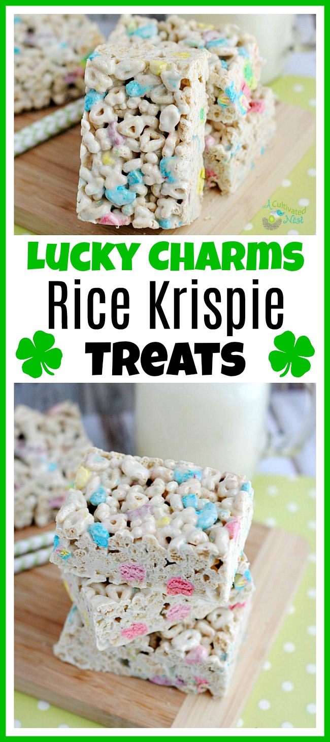 Lucky Charms Rice Krispie Treats- These easy to make Lucky Charms treats are homemade Rice Krispie Treats that are perfect for St. Patrick's Day! Or just make them for any time of year if you're a fan of the cereal! This Rice Krispie recipe could also be made with other cereal for other occasions. | krispy rice treats, St. Patty's Day, Saint Patrick's Day #recipe #dessert #StPatricksDay #homemade