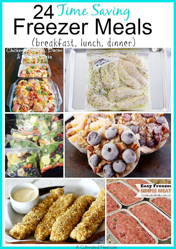 24 Time Saving Freezer Meals- If you want delicious meals without having to spend ages in the kitchen, then you need to check out these freezer meal recipes! | breakfast freezer meals, lunch freezer meals, dinner freezer meals, #freezerMeals #recipes #freezerCooking #dinnerRecipes #ACultivatedNest