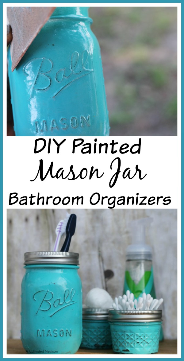 Add some cottage charm to your bathroom with these easy to make Painted Mason Jar Bathroom Organizers!