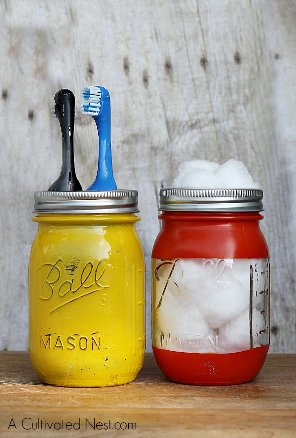 DIY Painted Mason Jar Bathroom Organizer