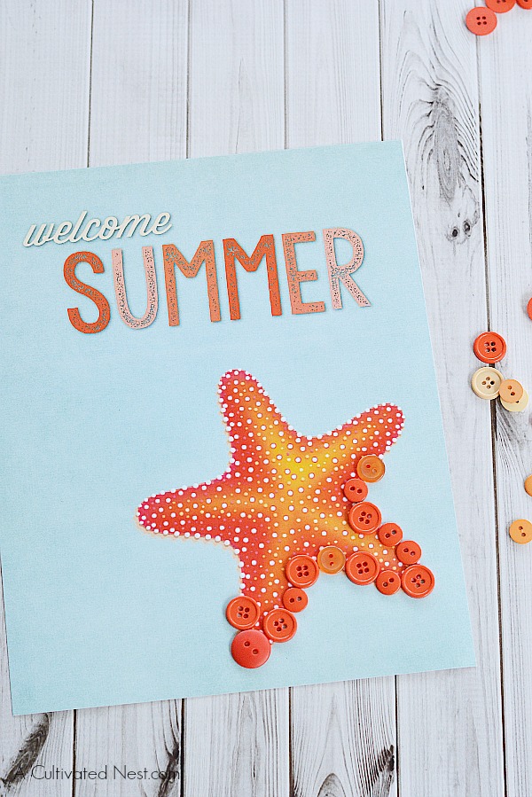 Starfish Welcome Summer Button Craft- Adding buttons | #freePrintable #diy #craft #summer #printable #decor #wallArt #buttonCraft #kidsCraft