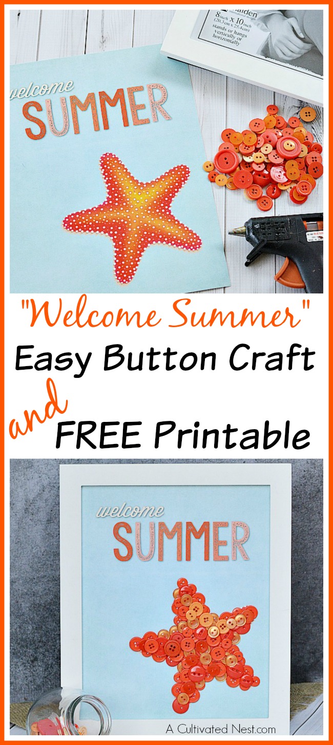 Easy Summer Button Starfish Craft & Printable- This easy starfish summer button craft includes a free printable that you can use as-is, or you can fill the starfish in with buttons like I did. Either way, it creates a cute, inexpensive piece of DIY summer decor! | craft for kids, summer decor, wall art, #DIY #craft #summer #buttonCraft #starfish #kidsCraft #decor #wallArt #freePrintable #printable