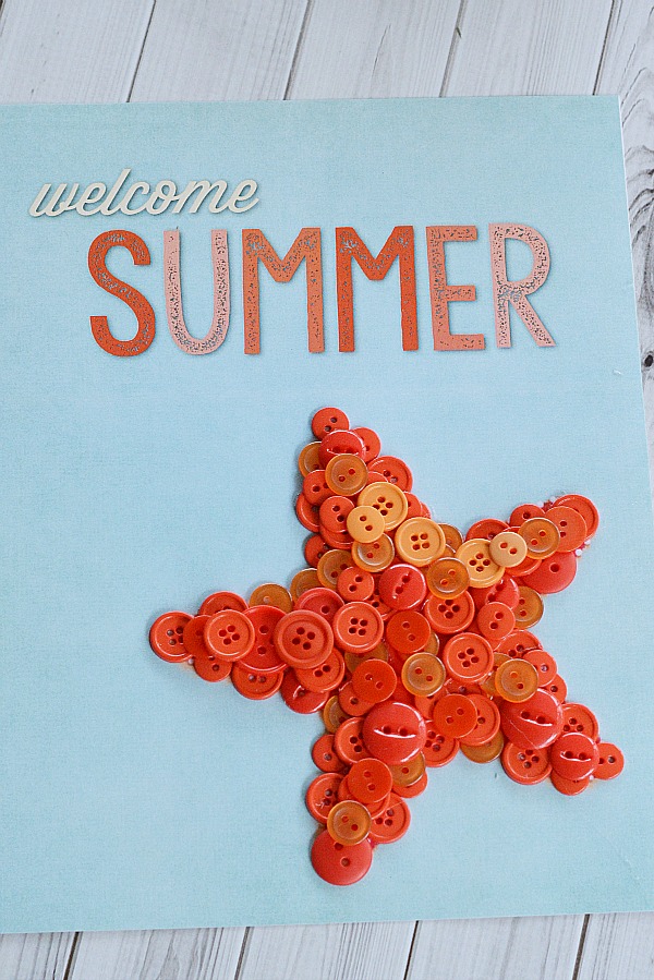 Welcome Summer Starfish Button Craft + Free Printable- If you want to make some cute summer decor for your home, you need to make this easy "Welcome Summer" starfish button craft! It includes a free printable to cover with buttons, or you could just frame and display the printable as-is! | craft for kids, summer decor, wall art, #DIY #buttonCraft #summer #craft #starfish #kidsCraft #decor #wallArt #printable #freePrintable