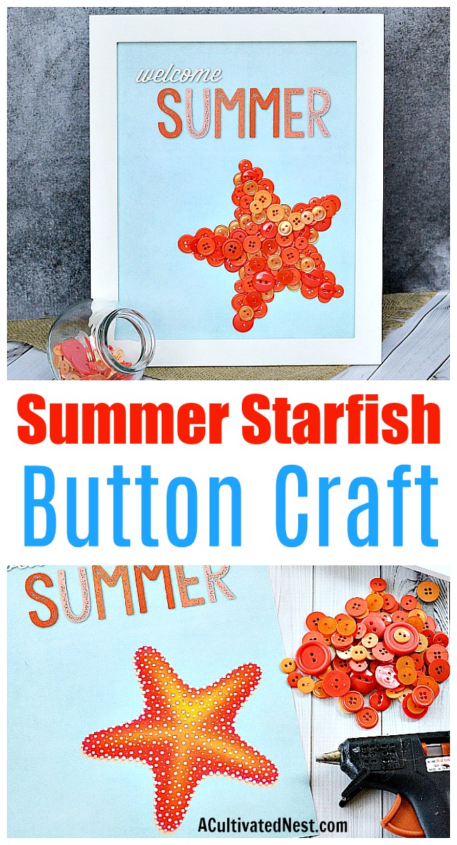 Welcome Summer Starfish Button Craft + Free Printable- If you want to make some cute summer decor for your home, you need to make this easy