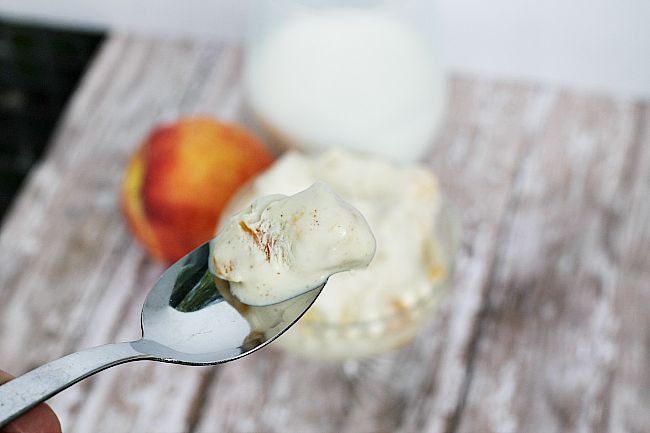 Homemade peaches and cream no churn ice cream! Peaches are in season right now but you can customize this ice cream recipe to any fruit that you like!
