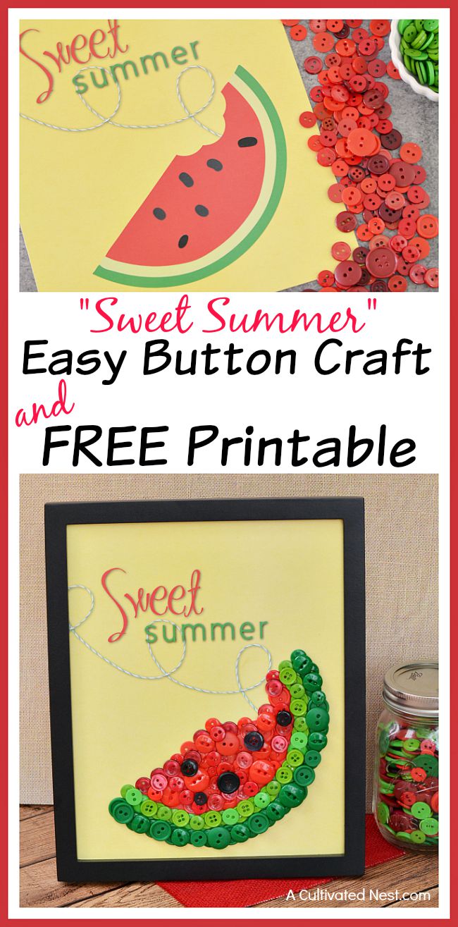 DIY Sweet Summer Watermelon Button Craft and Free Printable - This easy summer craft is fun for adults and kids! Plus, it's a great DIY wall art project! | DIY home decor, button crafts, free printable included #DIY #craft #summer #kidsCraft #printable #freePrintable