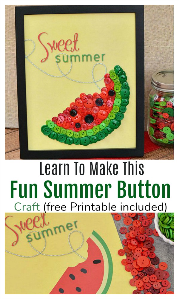 Easy Summer Button Craft - what a cute craft idea! Perfect for summer and easy for adults or kids to make. Free printable included DIY home decor, button crafts, adult crafts, kids crafts, summer crafts, summer decor