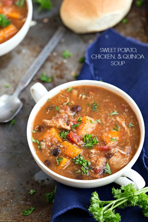 15 cozy and comforting slow cooker soups for fall- Sweet Potato, Chicken, and Quinoa Soup