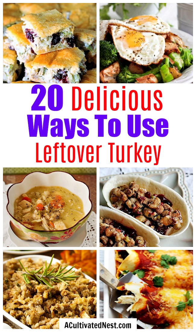 20 Ways To Use Leftover Turkey- Leftover turkey doesn't mean you have to eat only turkey sandwiches! For some different (and delicious) ways to eat up leftover turkey, try these reicpes! | extra turkey, excess turkey, ways to use up leftover Thanksgiving turkey, Christmas turkey, turkey soup, turkey tacos, turkey casseroles, food, #recipe #turkey #ACultivatedNest