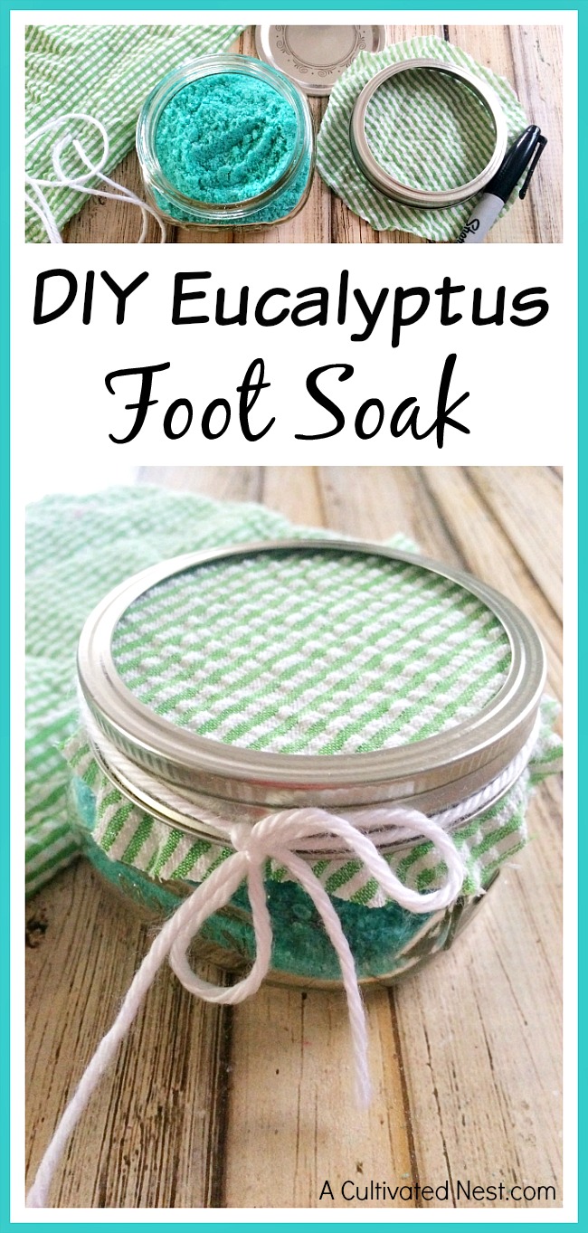 Need to relax after a long day? Make this easy DIY eucalyptus foot soak and give your feet a nice rest! This makes a great gift!