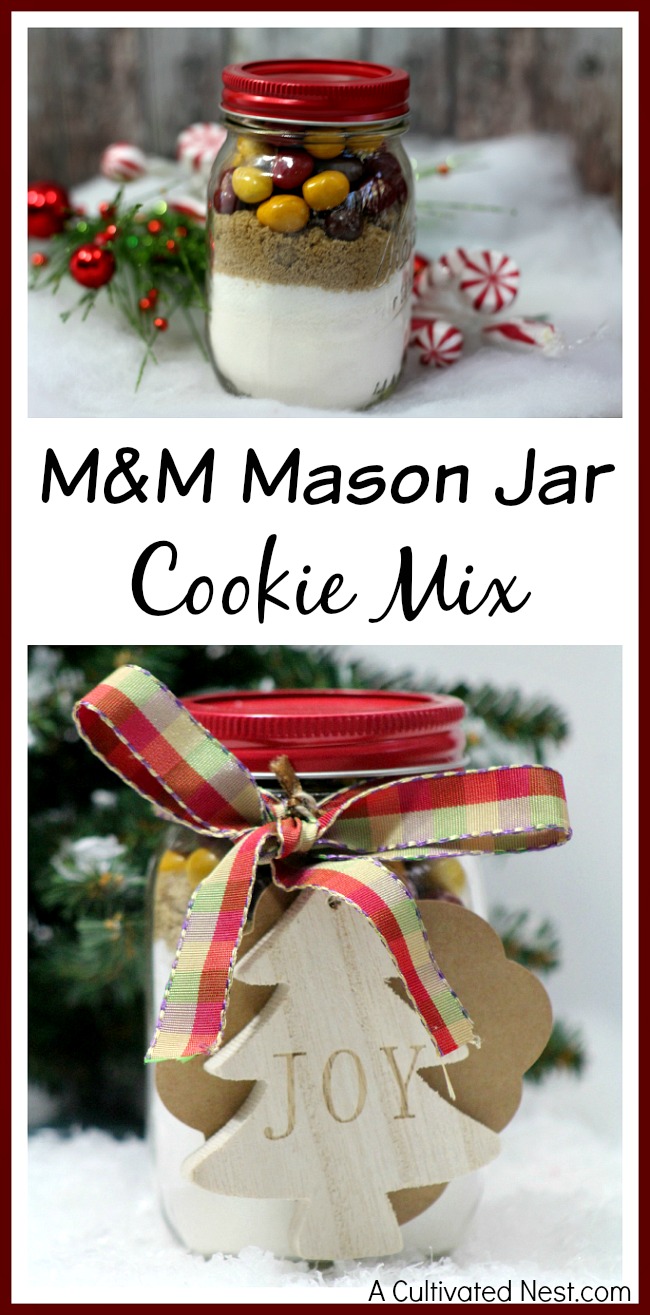 M&M Mason Jar Cookie Mix- This makes a great homemade Christmas gift!