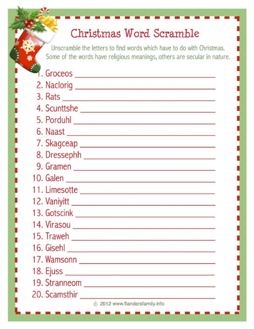 Printable Christmas word scramble activity