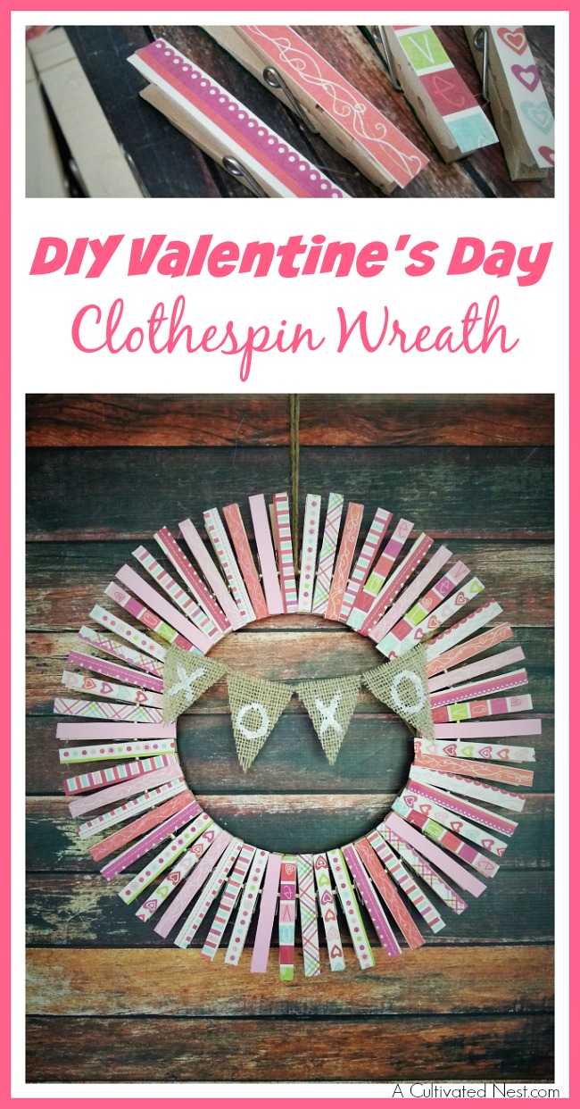 DIY Valentine's Day Clothespin Wreath- Want to make a different kind of Valentine's wreath this year? Then you have to make this adorable DIY Valentine's Day clothespin wreath! Use differently themed scrapbook paper and you can make a fun wreath for any season! | scrapbook paper scraps, love, hearts, frugal decor, #wreath #ValentinesDay #DIY #craft