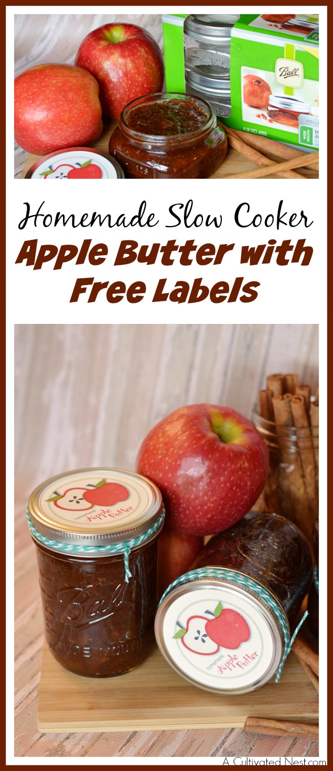 Apple butter is so tasty, especially when made from scratch! Check out my recipe for homemade slow cooker apple butter, plus free labels!