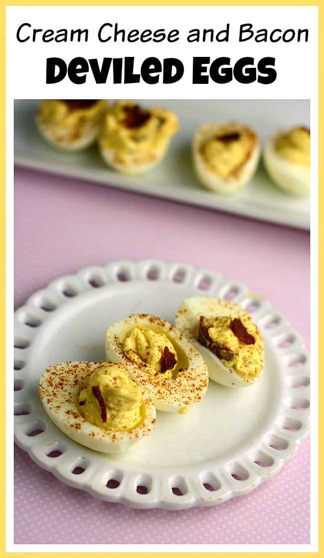 Don't throw out your leftover decorated Easter eggs! A great way to reuse Easter eggs is in this delicious cream cheese and bacon deviled eggs recipe!