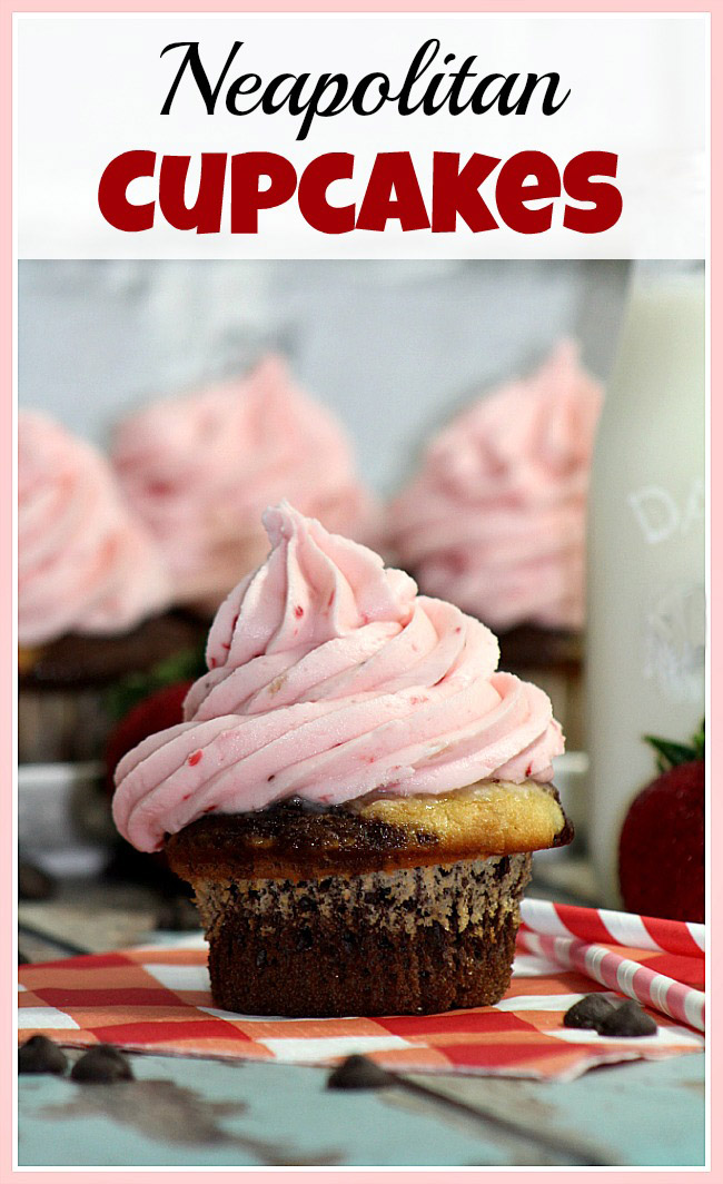 These Neapolitan cupcakes are a delicious mix of chocolate, vanilla, and strawberry flavors! If you're craving a multi-flavor treat, you have to make these!