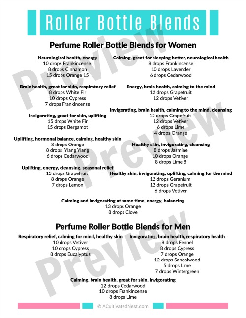 25 Perfume Roller Bottle Blends Using Essential Oils- It's easy to make your own homemade perfume using essential oils! Check out these 25 roller bottle blends, plus get the free printable 2 page PDF of perfume recipes! | roll on perfume for women, homemade cologne for men, #perfume #DIY #homemade #freePrintable #printable #beauty #diyGift