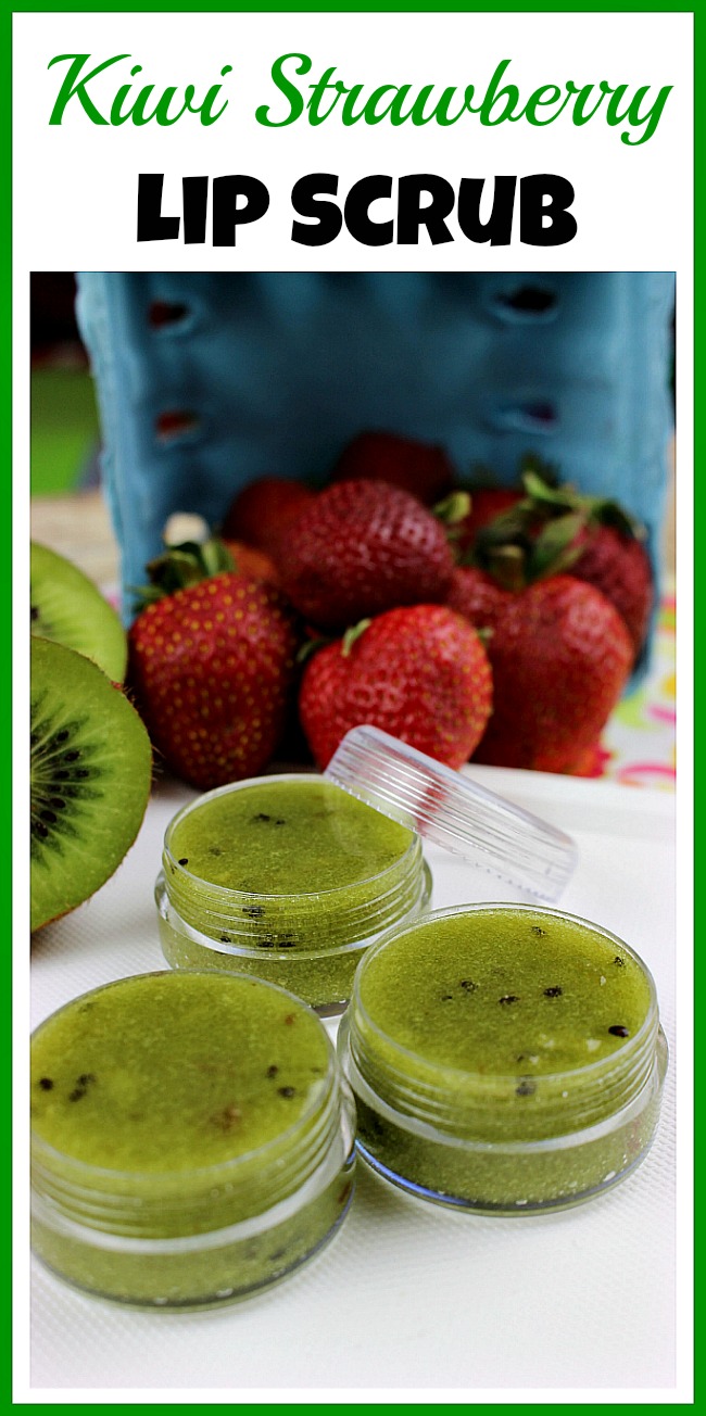 This all-natural homemade kiwi strawberry lip scrub uses fresh fruit! It's an inexpensive and easy way to moisturize and refresh your lips!