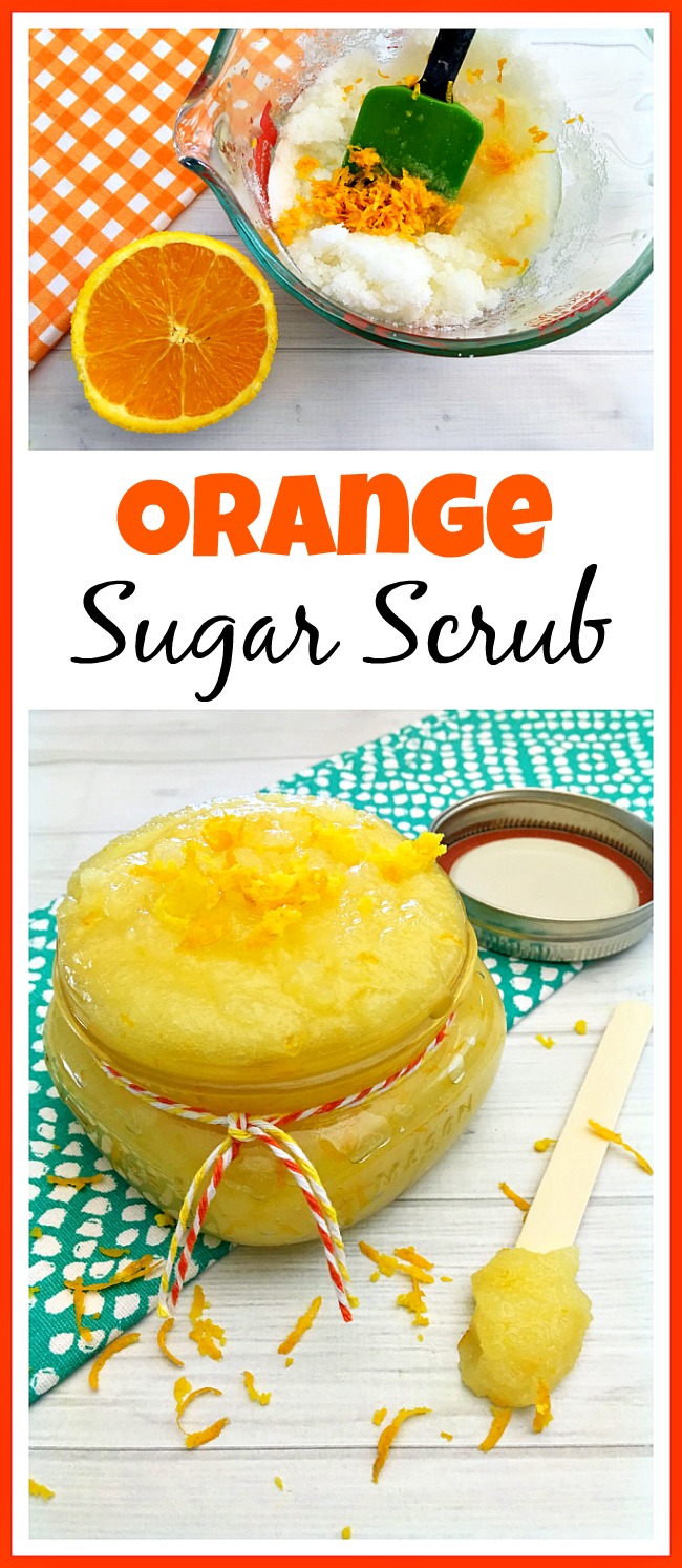 This homemade orange sugar scrub has such a lovely, bright, citrus scent! And the sweet orange essential oil in it is wonderful for your skin!