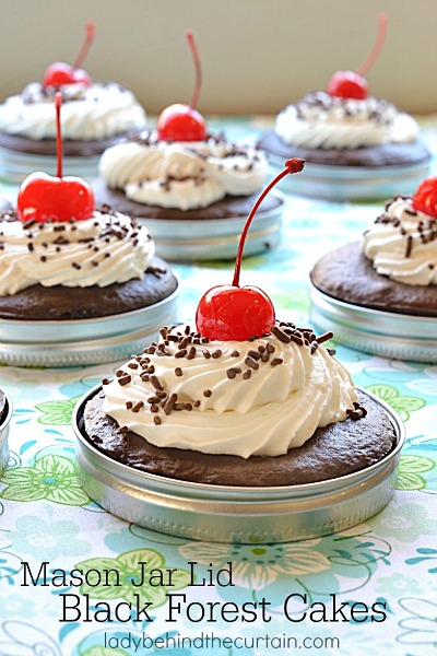 Mason Jar Lid Black Forest Cakes- If you've never tried making Mason jar lid desserts, then you're missing out! They're delicious, and the perfect size for party treats!