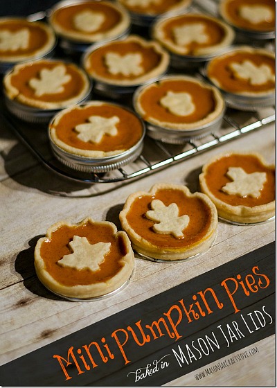 Mini Pumpkin Pies- If you've never tried making Mason jar lid desserts, then you're missing out! They're delicious, and the perfect size for party treats!