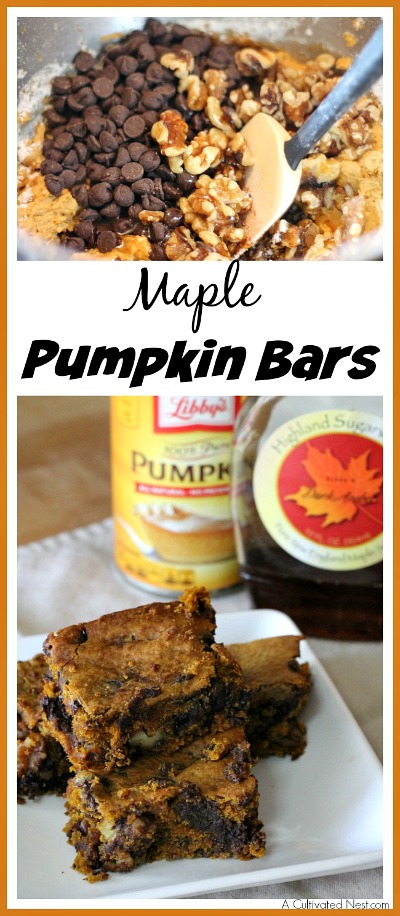 Maple Pumpkin Bars- Not only are pumpkins full of healthy nutrients, but they're also really tasty! This fall, try some of these pumpkin dessert recipes! | #dessert #pumpkin #recipes #pumpkinRecipes #ACultivatedNest