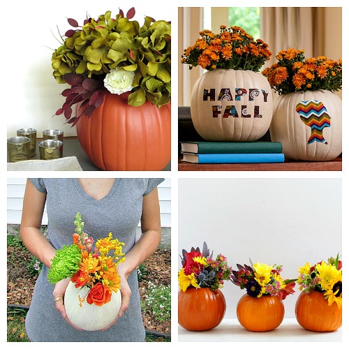 20 Beautiful DIY Pumpkin Flower Centerpieces- Want a unique and beautiful vase for your fall decor or to use as a fall table centerpiece? Then you've got to make one of these DIY pumpkin flower vases! | #DIY #pumpkin #fall #decor #craft #vase #flowerVase #autumn #decorating #DIYProject #ACultivatedNest