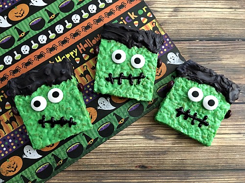 These Frankenstein Rice Krispie Treats are easy and delicious Halloween party desserts! They're also fun treats to make with kids!