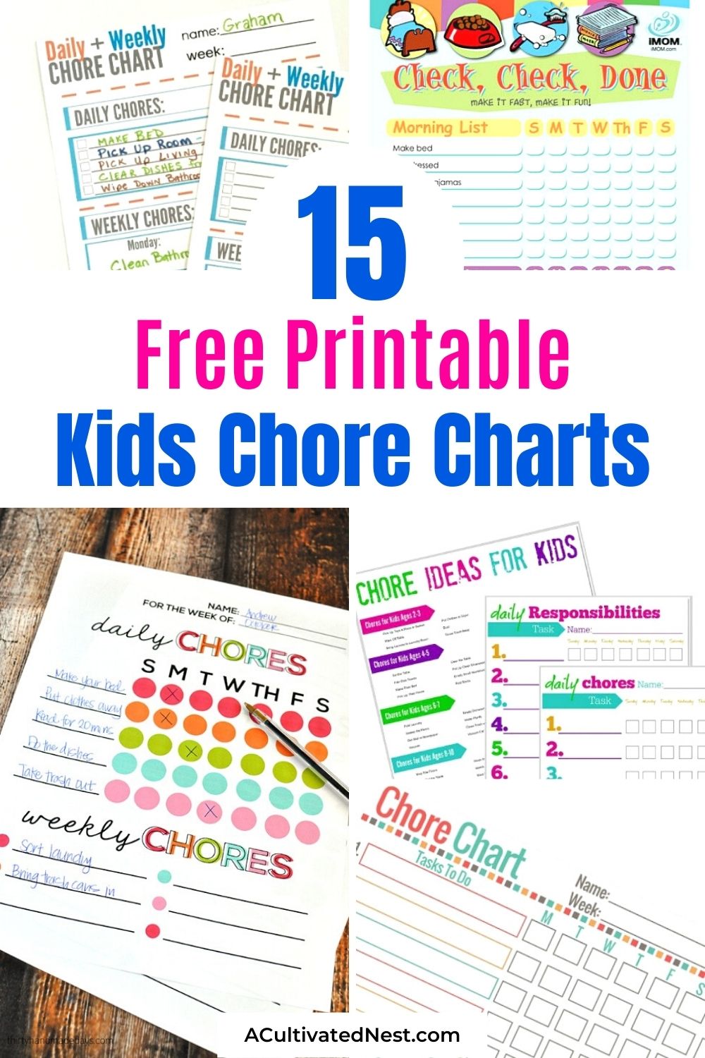 15 Free Printable Chore Charts for Kids- A great way to motivated your kids to do their chores is with one of these free printable chore charts for kids! | #freePrintables #printablesForKids #kidsChoreCharts #kidsChores #ACultivatedNest