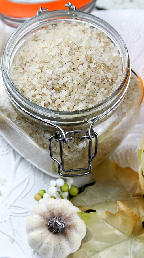 These pumpkin vanilla bath salts help relax tired muscles, and they have a great fall smell, too! Add them to a hot bath and you'll be relaxed in minutes!