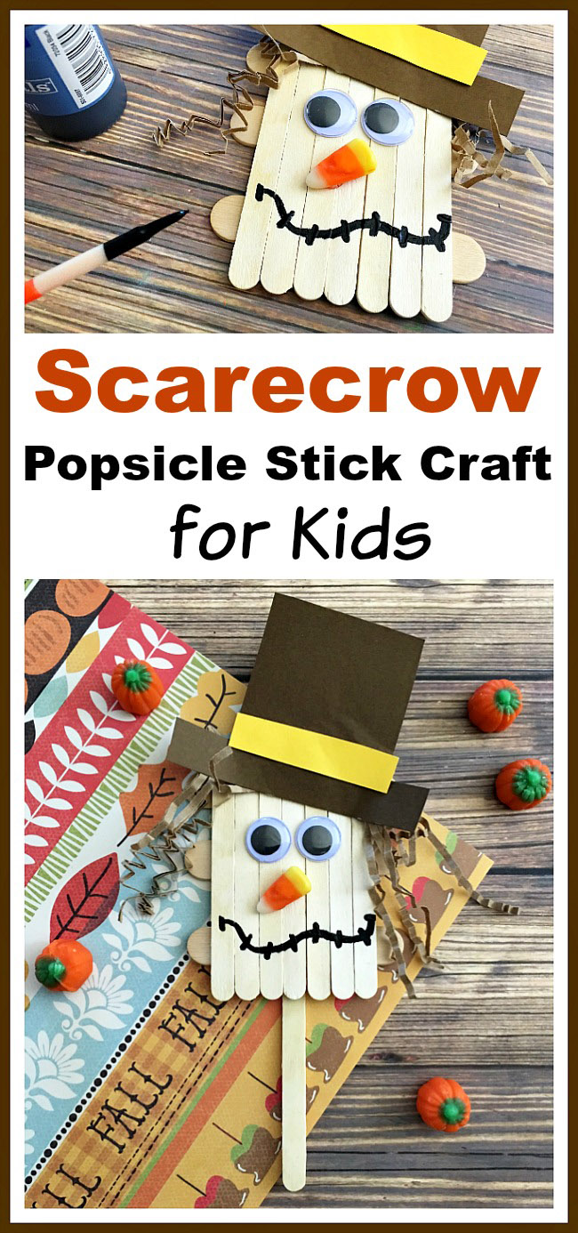 Scarecrow Popsicle Stick Craft for Kids- For a fun and inexpensive way to keep the kids busy this fall, have them do this cute scarecrow popsicle stick kids craft! It would also tie in well with reading the Wizard of Oz in your homeschool! | fall, autumn, fall kids activities, what to make with craft sticks, kids DIY projects, #kidsCraft #kidsActivities