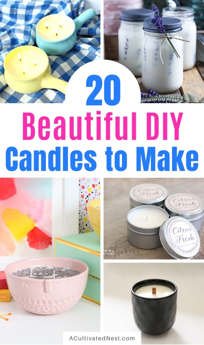 20 Beautiful DIY Candle Tutorials- DIY candles make great homemade gifts for family and friends! These DIY candle tutorials are easy, inexpensive, and a lot of fun! | how to make candles, DIY gift ideas, homemade gift ideas, #diyCandles #DIY #candles #crafts #ACultivatedNest