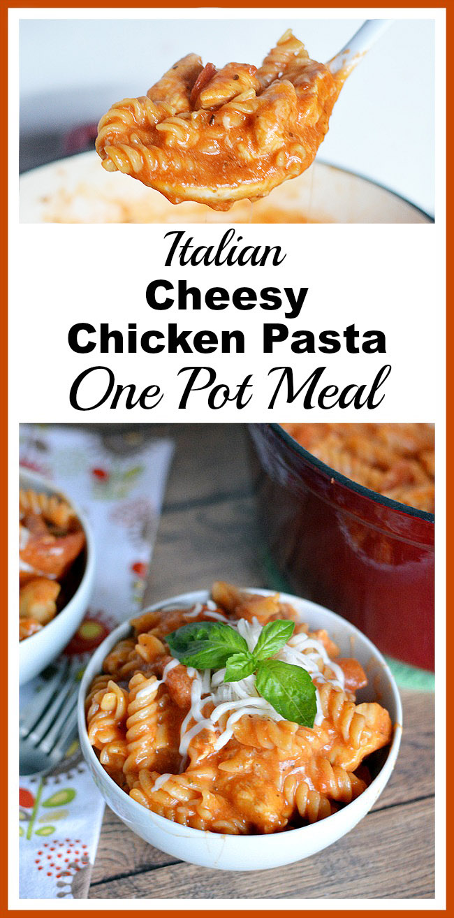If you want a tasty homemade dinner, but don't have a lot of time, make this Italian cheesy chicken pasta one pot meal! It only takes 30 minutes!