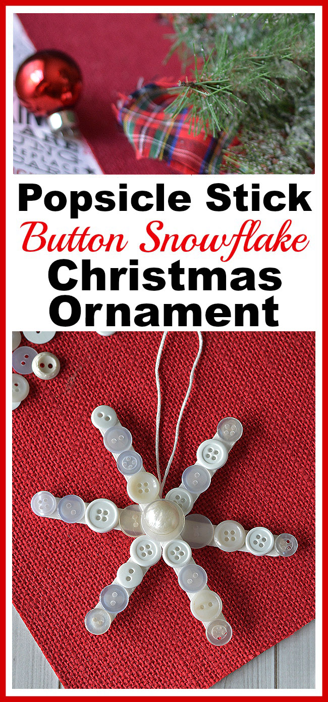 Popsicle Stick Button Sneeuwvlok - Dit zelfgemaakte kerstboomornament is zo leuk om te maken en gemakkelijk aan te passen!  Voeg dit jaar deze schattige DIY-ijslollyknop-sneeuwvlok toe aan je boom!  |  diy kerstornament, kerstknutselen, zelfgemaakte kerstornamentideeën