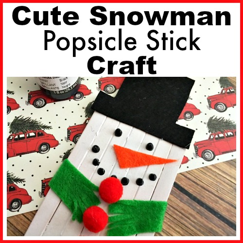 Cute Snowman Popsicle Stick Craft- An easy way to keep the kids busy this holiday season is with a fun holiday activity! You only need a couple inexpensive supplies to make this snowman popsicle stick craft! | kids craft, kids activity, winter craft, winter activity, craft sticks, easy craft