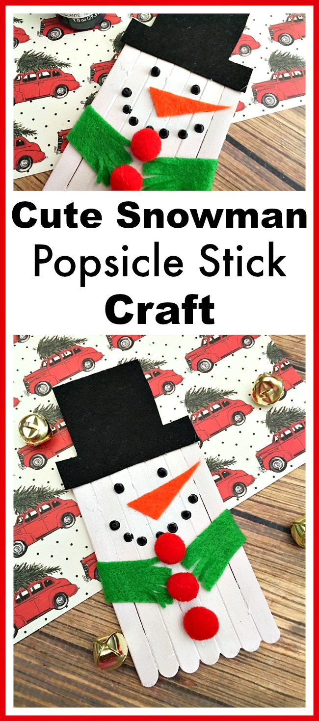 Cute Snowman Popsicle Stick Craft- An easy way to keep the kids busy this holiday season is with a fun holiday activity! You only need a couple inexpensive supplies to make this snowman popsicle stick craft! | kids craft, kids activity, winter craft, winter activity, craft sticks, easy craft