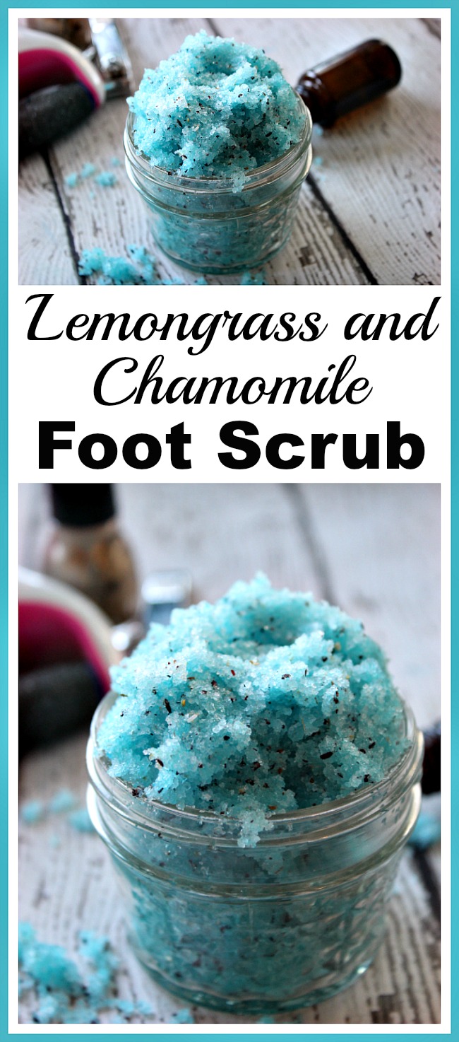 Lemongrass and Chamomile Foot Scrub- If you need to relax after a hard day, or want to make a thoughtful gift, you should make this lemongrass and chamomile foot scrub! This could also be used as a face, hand, or body scrub! | homemade beauty products, sugar scrub, essential oils, all-natural beauty products