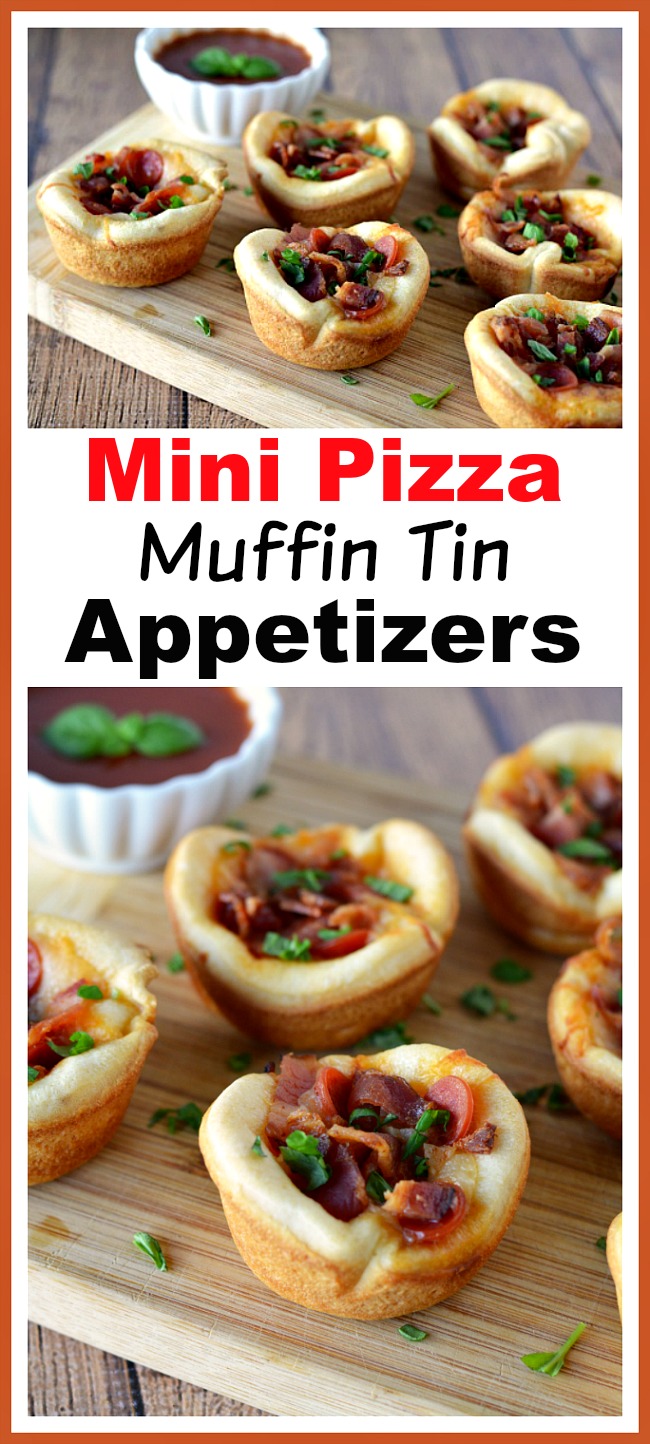 Mini Pizza Muffin Tin Appetizers- These mini pizza muffin tin appetizers are quick and easy to make, but have the flavor of a full-sized pizza! They'd make a good after-school snack, too! | New Year's Eve appetizer, New Year's recipe, party food, after-school snack, finger food, pizza bites, easy recipe