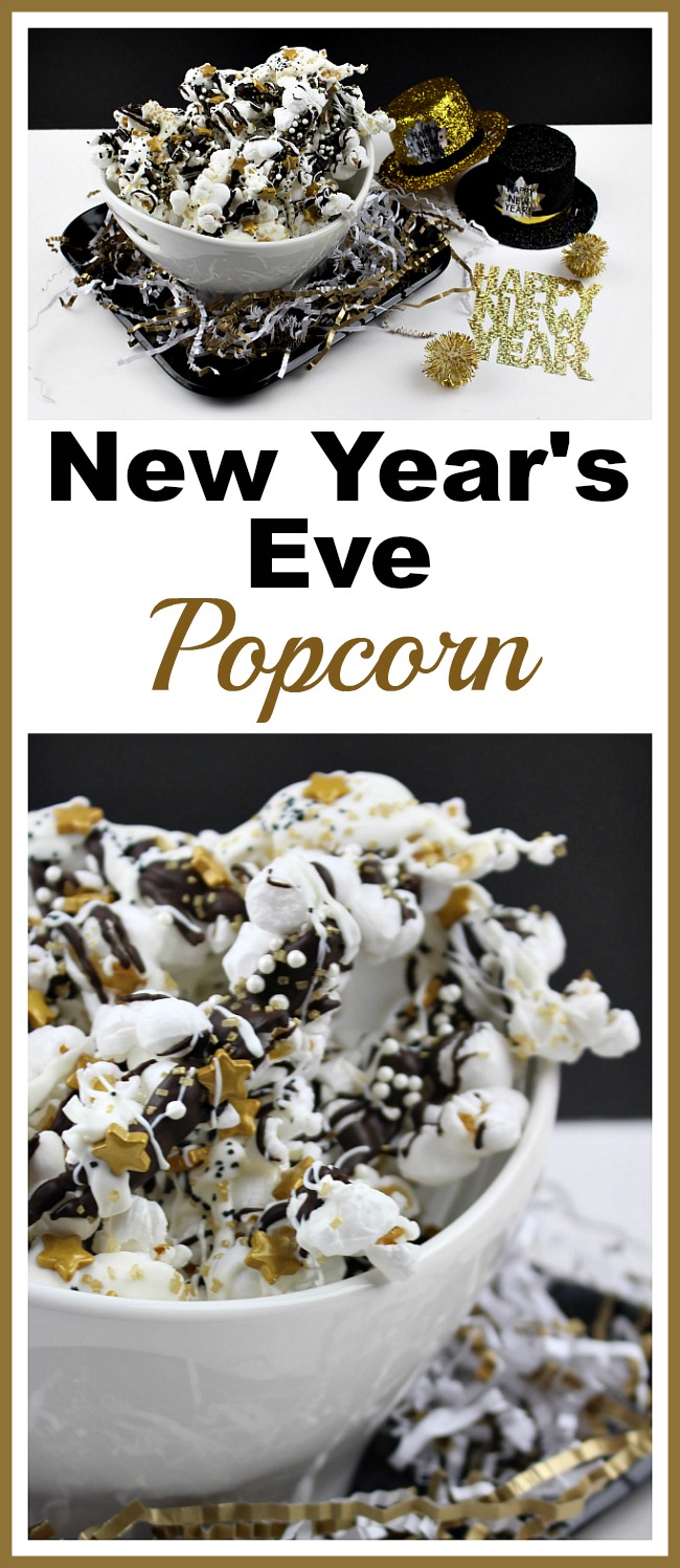 New Year's Eve Popcorn- This New Year's Eve popcorn is an easy (and yummy) party dessert! The combo of crunchy popcorn, sweet chocolate, and pretty sprinkles makes for a great treat! | New Year's food, appetizer, party food, snack, New Year's Eve dessert, gold, stars, quick recipe, fast appetizer recipe