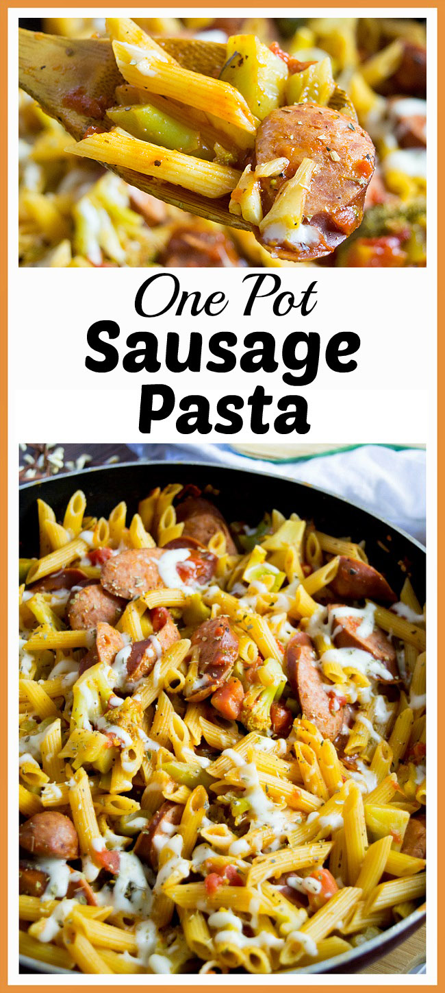 One Pot Sausage Pasta- This easy (and delicious) one pot sausage pasta recipe only takes 30 minutes to make and is a complete meal! It's perfect for busy days! | recipe, one skillet, easy, fast recipe, penne, broccoli, food