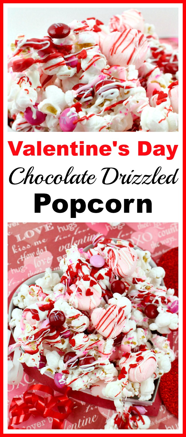 Valentine's Day Chocolate Drizzled Popcorn- This Valentine's Day chocolate drizzled popcorn is a quick and easy no-bake Valentine's treat! It'd also make a great food gift! | dessert, snack, homemade, chocolate, candy, Valentine's food gift, recipe, pink, red #ValentinesDay #popcorn #recipe #dessert