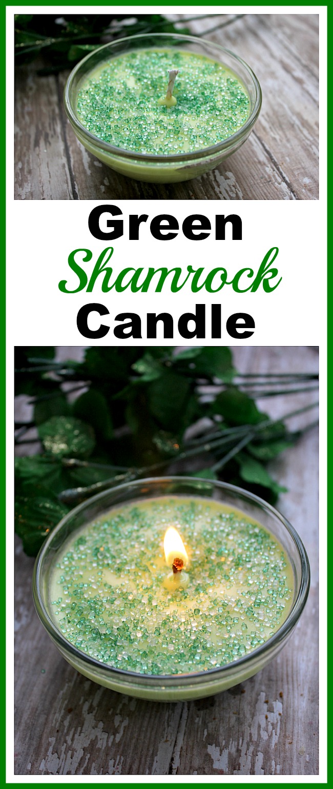 DIY Green Shamrock Candle- Making your own homemade candles is fun and easy! For a pretty green spring-themed candle, check out my simple DIY green shamrock candle tutorial! | craft, homemade candle, make your own candles, DIY soy candle, green, St. Patrick's Day, Saint Patrick's Day, St. Patty's Day, homemade gift ideas, DIY present, essential oil scented