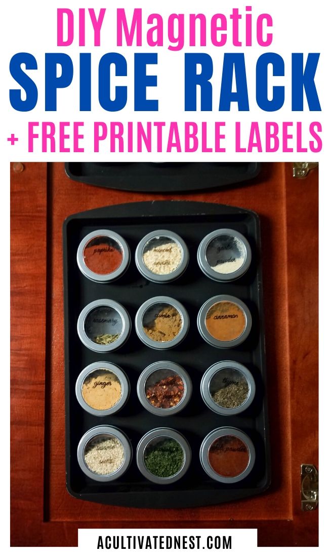 DIY Magnetic Dollar Store Spice Rack- An easy way to get your spices organized when you have limited space is to make this clever DIY magnetic dollar store spice rack! There are also free printable labels for you to use! | #homeOrganization #kitchenOrganization #organizingTIps #organizing #ACultivatedNest