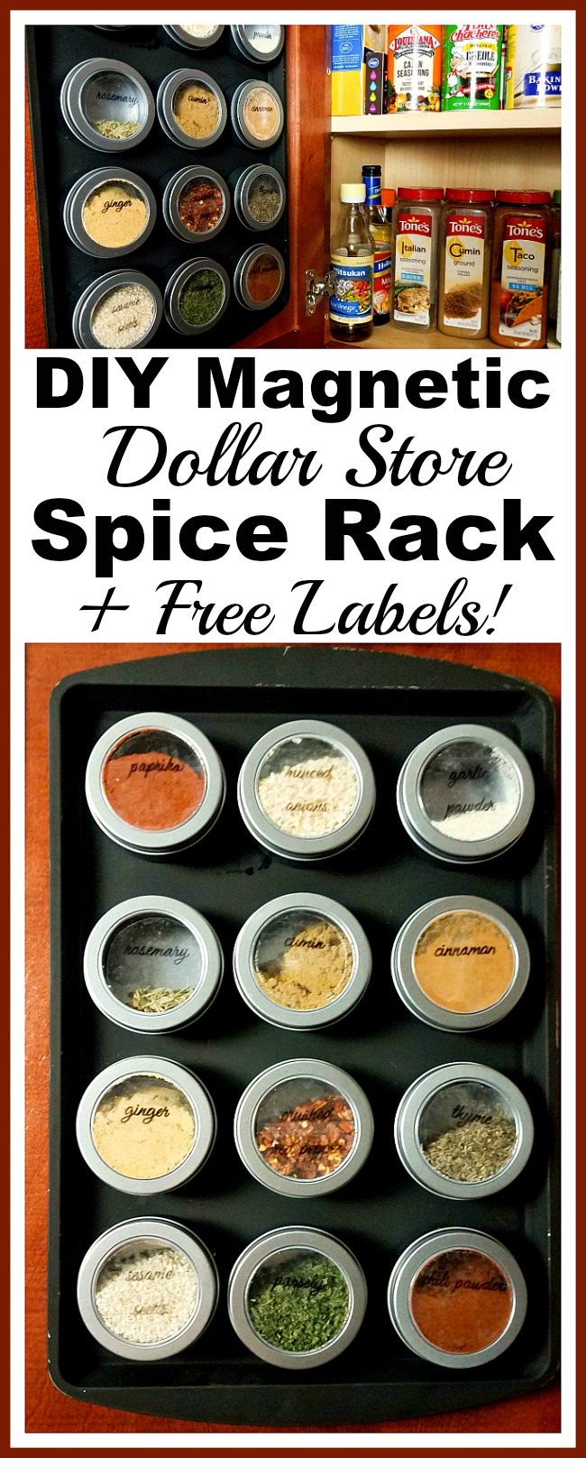 DIY Magnetic Dollar Store Spice Rack- If your spice cabinet is disorganized, you need to try this easy (and frugal) DIY organizer! Here's how to make a magnetic dollar store spice rack! | dollar store DIY, Dollar Tree DIY, organizing ideas, kitchen organizing tips, easy DIY, spice organization, how to organize your spices, inexpensive organization solutions