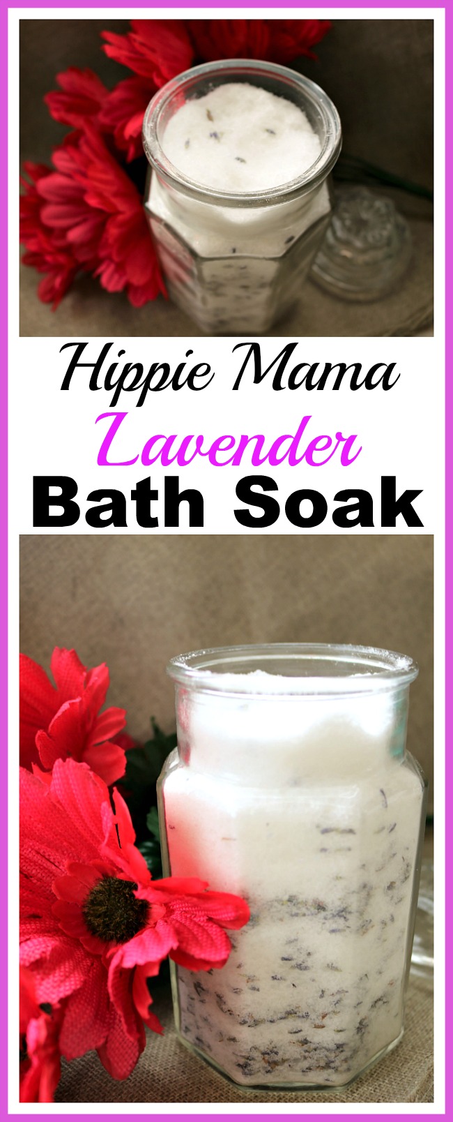 Hippie Mama Lavender Bath Soak- This homemade lavender bath soak only takes a few ingredients, but it can make any bath so luxurious. It's a great way to relax after a long day! | homemade bath soak, DIY beauty products, DIY gift idea, homemade gift idea, handmade gift idea, essential oils, relaxing, spa