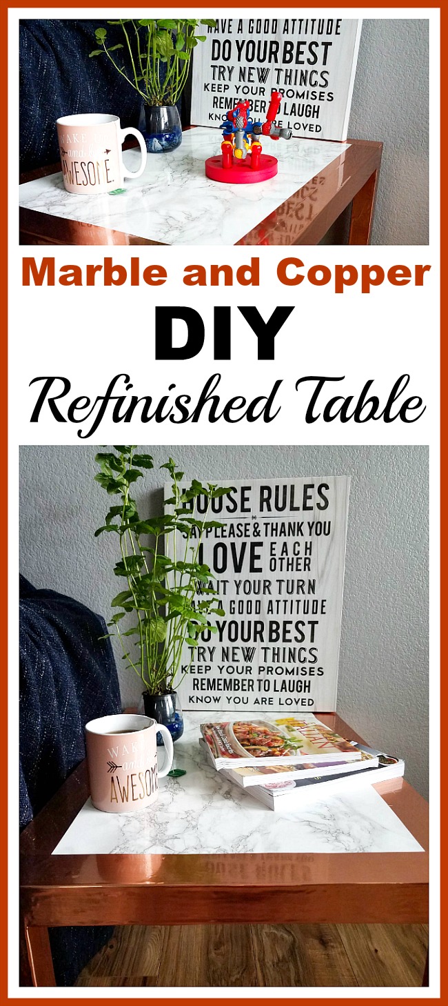 Marble and Copper DIY Refinished Table- You don't have to spend a lot of money, time, or effort to revamp an old table! Here is how I created this marble and copper DIY refinished table! | upcycle, DIY project, furniture makeover, easy DIY, frugal DIY, inexpensive DIY, DIY decor