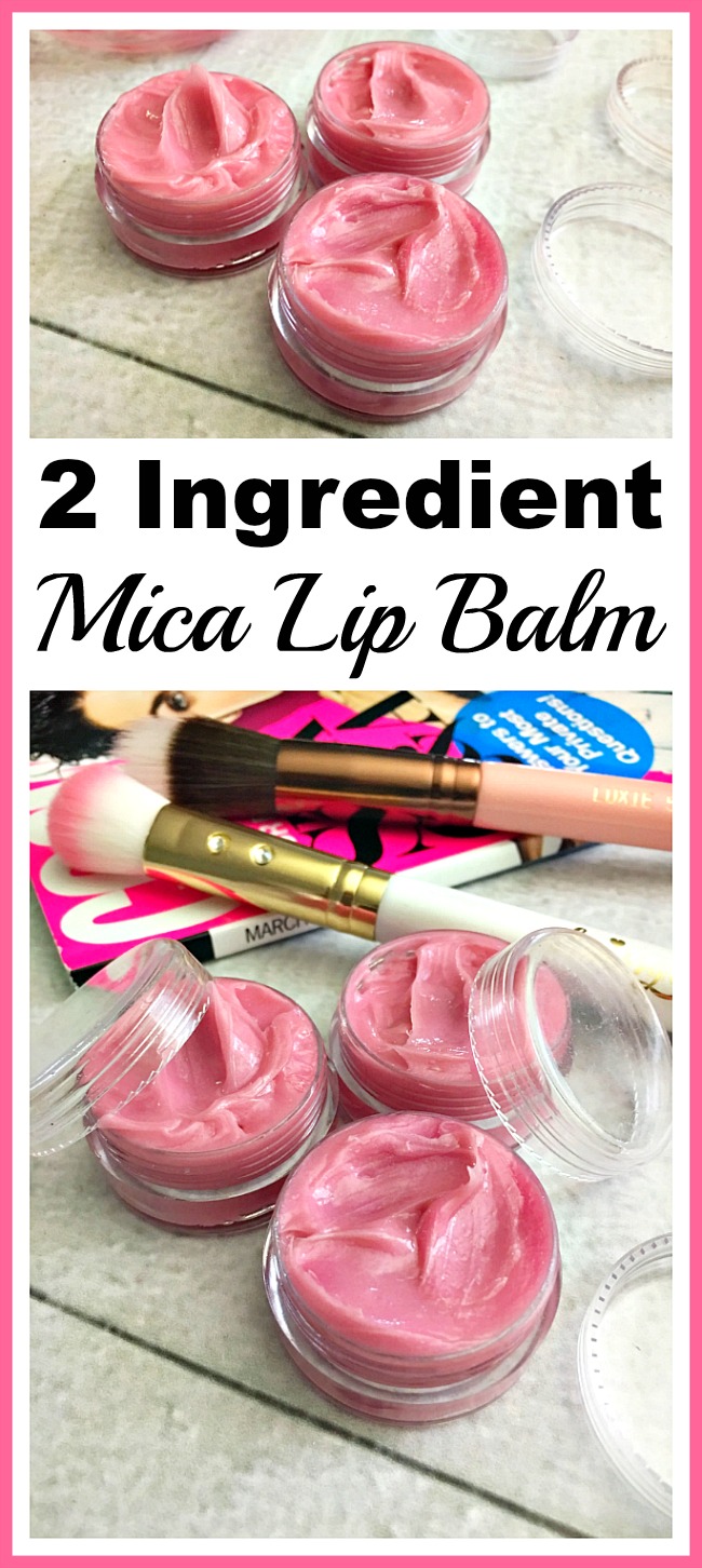 2 Ingredient Homemade Mica Lip Balm- Why pay for pricey commercial all-natural lip balms when you can easily make your own homemade mica lip balm in any color you want! | homemade beauty products, DIY lip balm, homemade lip balm, mica powder, easy DIY, lip gloss