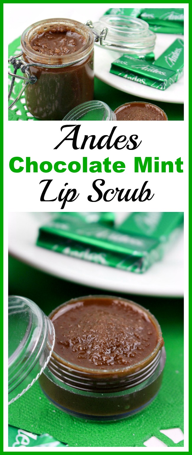Andes Chocolate Mint Lip Scrub- You don't have to wait until after dinner to enjoy an Andes mint! Instead, just make this moisturizing DIY Andes chocolate mint lip scrub! | homemade beauty products, sugar scrub, homemade gift idea, Mother's Day gift, easy DIY