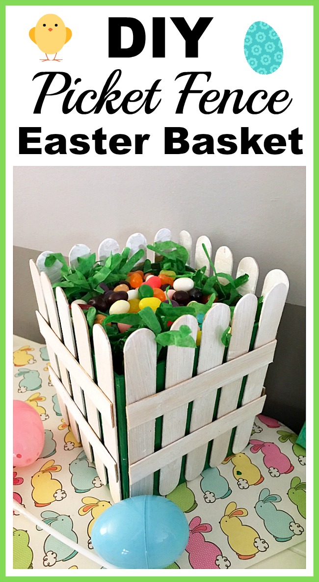 DIY Picket Fence Easter Basket- Why settle for a boring, traditional store-bought Easter basket when you can easily make this DIY picket fence Easter basket that your kids will love! | DIY project, craft idea, Easter gift basket, spring, easy DIY, inexpensive craft